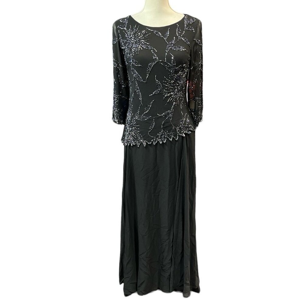 J Kara Dress Gown Black Beaded Semi Sheer Overlay Chiffon‎ 6P Mother Of Bride